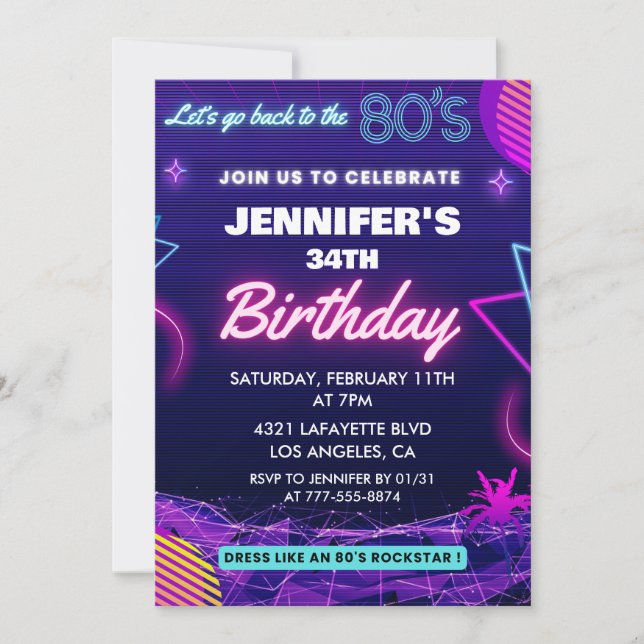 Back To The 80s Party 34th birthday invitations  (Front)