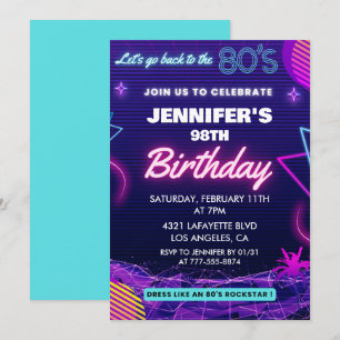 Back To The 80s Party 98th birthday invitations