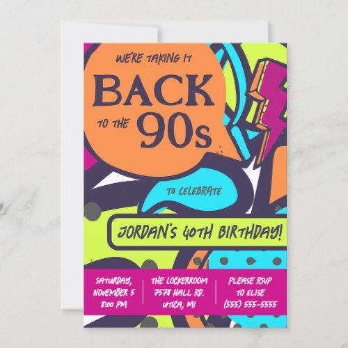 Back to the 90s Colorful Graffiti Birthday Party Invitation