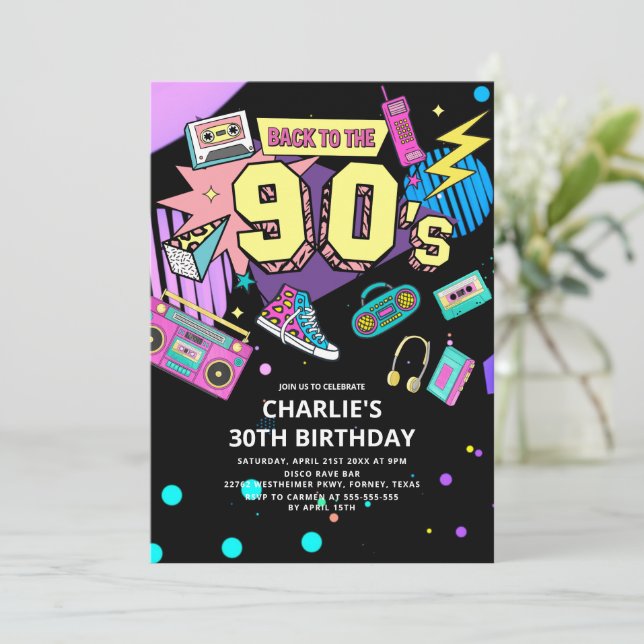 Back to the 90s Modern Retro Neon 30th Birthday Invitation | Zazzle