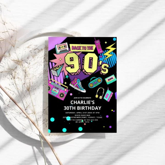 Back to the 90s Modern Retro Neon 30th Birthday Invitation | Zazzle