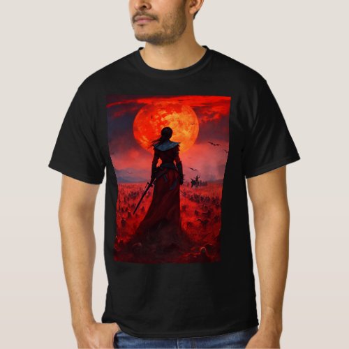 Back view of an assassin woman on a batte field T_Shirt