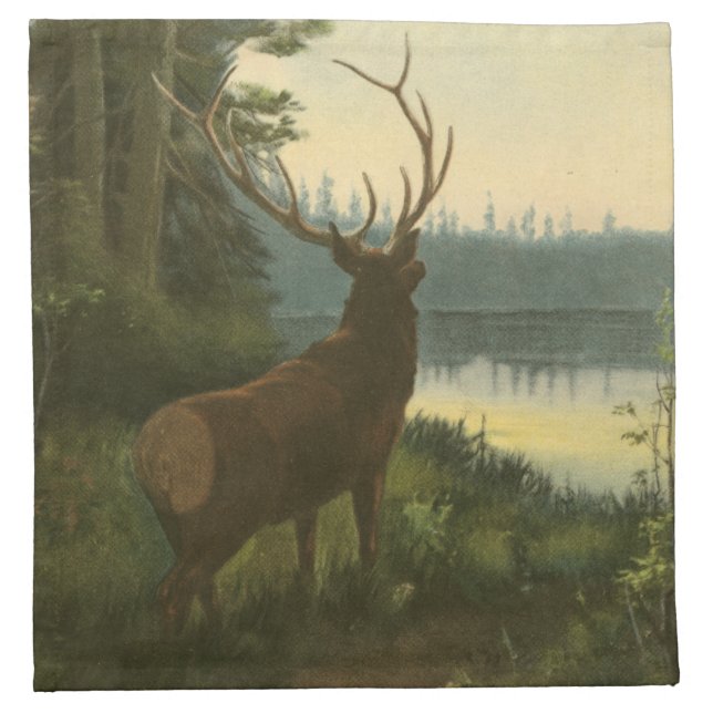 Back view of Elk Looking over a Lake Cloth Napkin (Front)