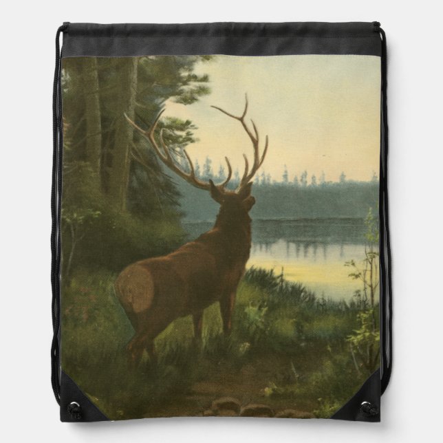 Back view of Elk Looking over a Lake Drawstring Bag (Front)