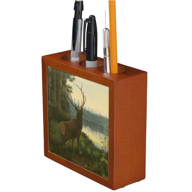 Back view of Elk Looking over a Lake Pencil Holder (In Situ)