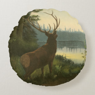 Back view of Elk Looking over a Lake Round Pillow