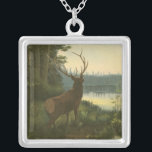 Back view of Elk Looking over a Lake Silver Plated Necklace<br><div class="desc">Do you live far away from nature? This beautiful and yet classical image gives an impression of peacefulness and the colors of the elk are accurate which makes this image very realistic. Get this nature styled art on your favorite products!</div>