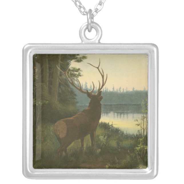 Back view of Elk Looking over a Lake Silver Plated Necklace (Front)