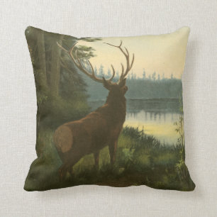Back view of Elk Looking over a Lake Throw Pillow