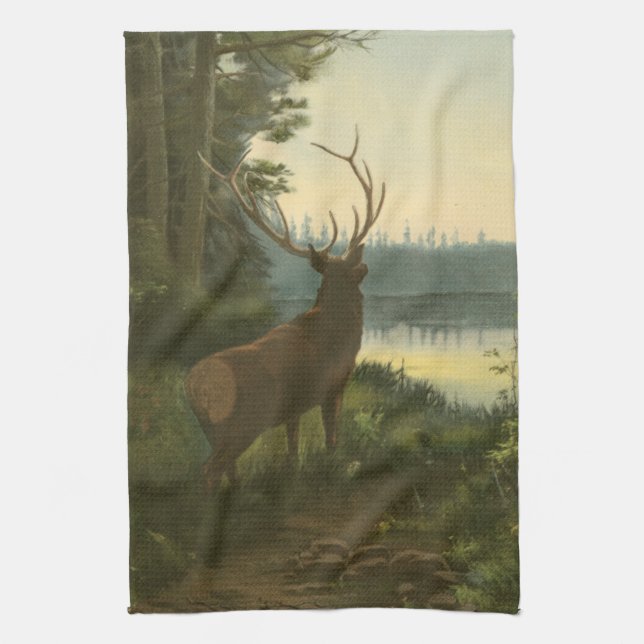 Back view of Elk Looking over a Lake Towel (Vertical)