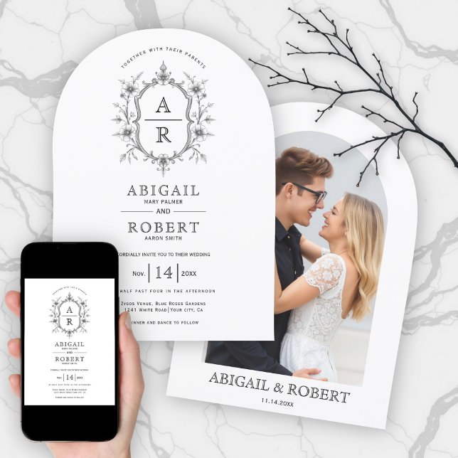 Back, white floral crest monogram arched wedding  invitation (Creator Uploaded)