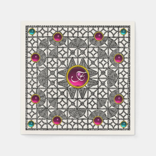 BACK WHITE GEOMETRIC LACE PINK GEM STONE MONOGRAM PAPER NAPKINS (Front)
