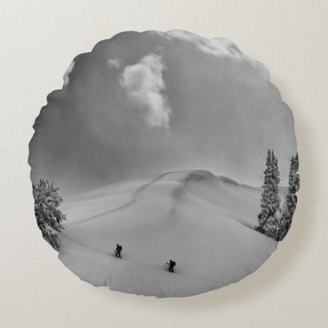 Backcountry Ski Climbers in fresh powder Round Pillow (Front)