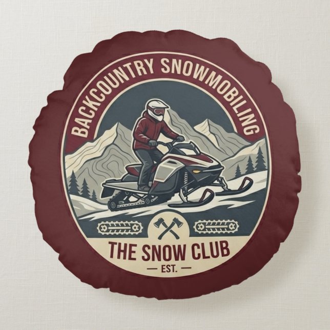 Backcountry Snowmobiling Adventure Badge Round Pillow (Front)