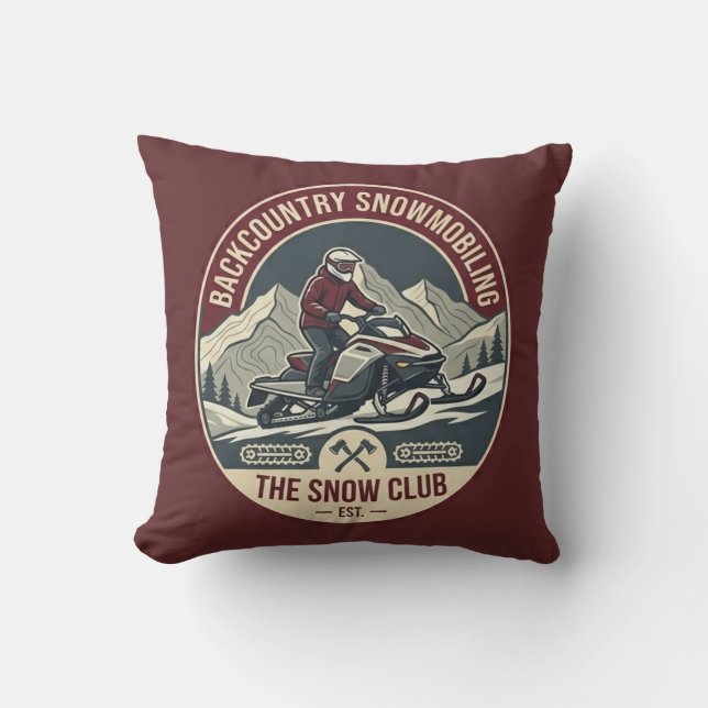 Backcountry Snowmobiling Adventure Badge Throw Pillow (Front)