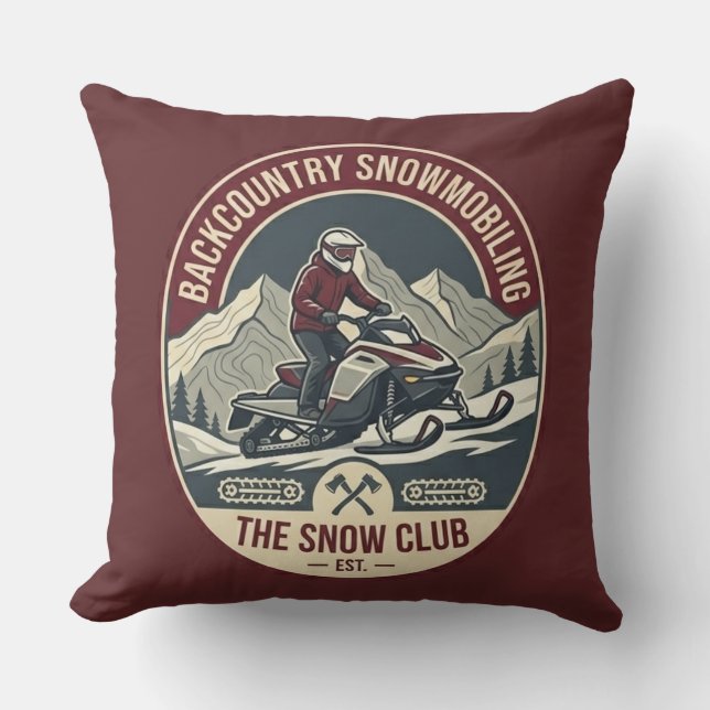 Backcountry Snowmobiling Adventure Badge Throw Pillow (Front)