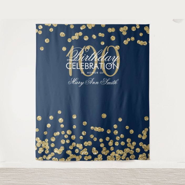Backdrop 100th Birthday Gold Navy Blue Confetti