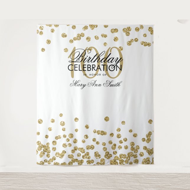 Backdrop 100th Birthday Gold White Confetti (Front)