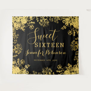 Backdrop 16th Sweet Sixteen Birthday Gold Floral