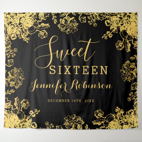 Backdrop 16th Sweet Sixteen Birthday Gold Floral