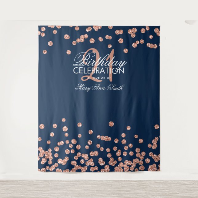 Backdrop 21st Birthday Rose Gold Navy Confetti (Front)