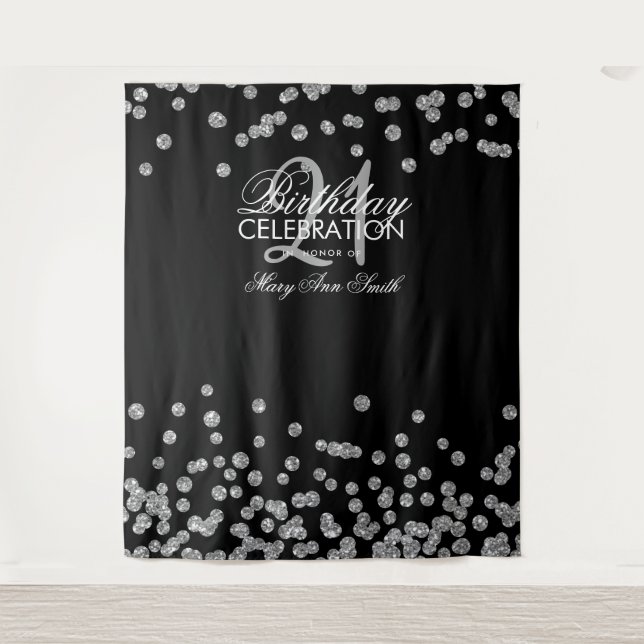 Backdrop 21st Birthday Silver Black Confetti (Front)