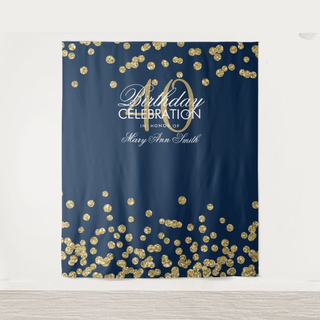 Backdrop 40th Birthday Gold Navy Blue Confetti (Front)