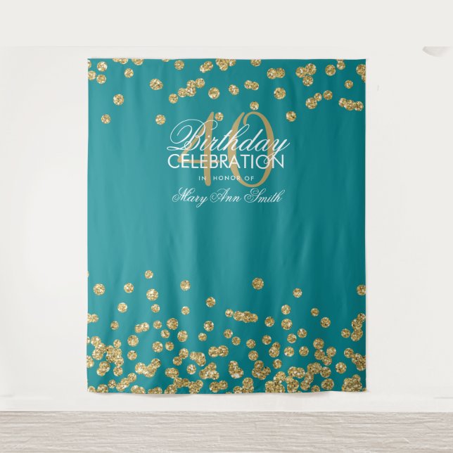 Backdrop 40th Birthday Gold Teal Confetti (Front)