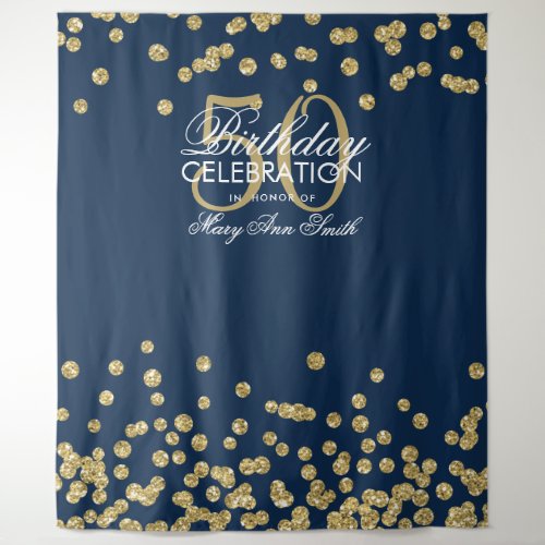Backdrop 50th Birthday Gold Navy Blue Confetti