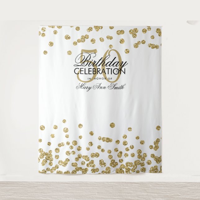 Backdrop 50th Birthday Gold White Confetti (Front)