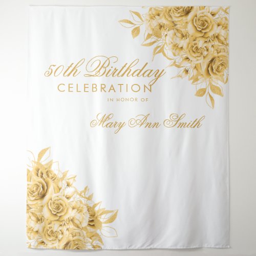 Backdrop 50th Birthday Party Floral Gold  White