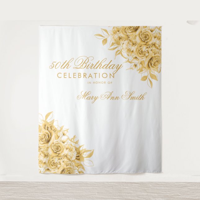 Backdrop 50th Birthday Party Floral Gold & White (Front)