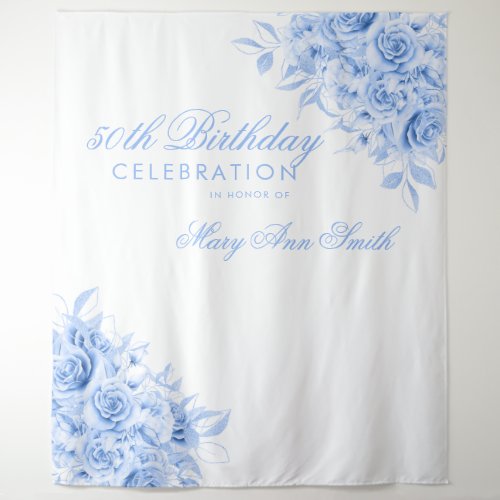 Backdrop 50th Birthday Party Floral Navy  White