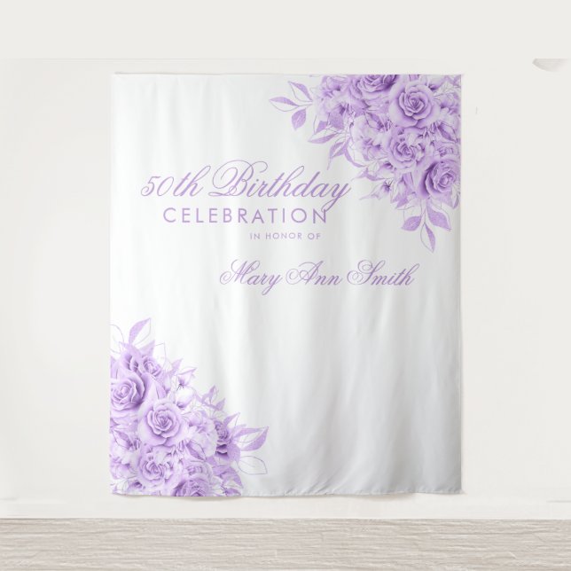 Backdrop 50th Birthday Party Floral Purple & White (Front)