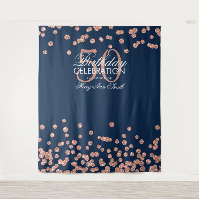 Backdrop 50th Birthday Rose Gold Navy Confetti (Front)