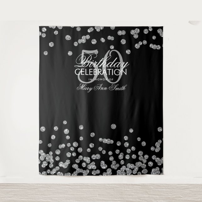 Backdrop 50th Birthday Silver Black Confetti (Front)