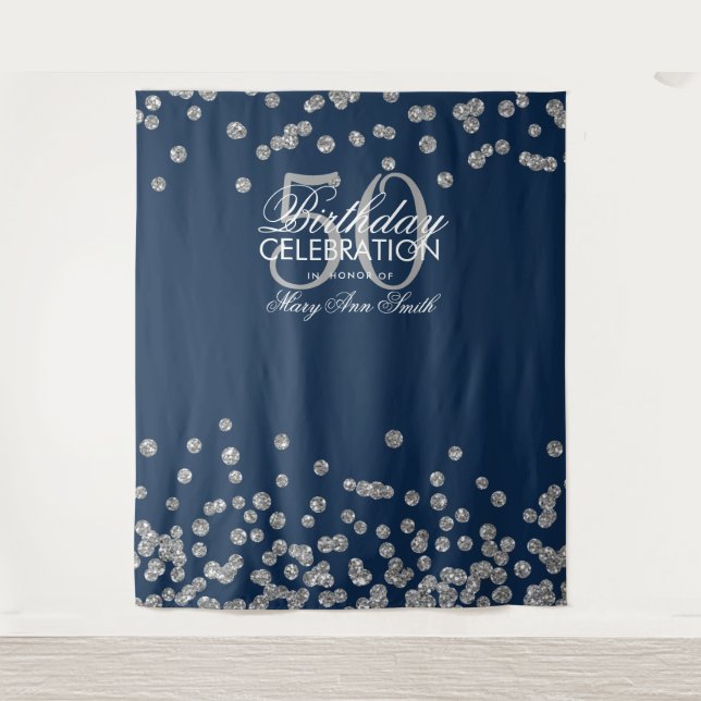 Backdrop 50th Birthday Silver Navy Blue Confetti (Front)