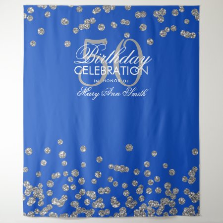 Backdrop 50th Birthday Silver Royal Blue Confetti