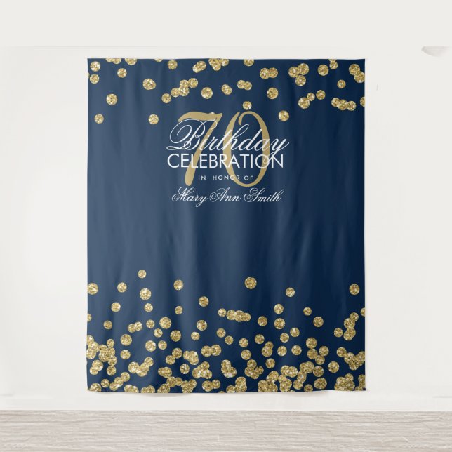 Backdrop 70th Birthday Gold Navy Blue Confetti (Front)