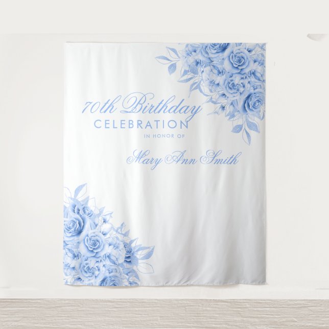Backdrop 70th Birthday Party Floral Navy Blue  (Front)