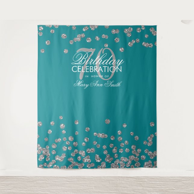 Backdrop 70th Birthday Silver Teal Confetti (Front)
