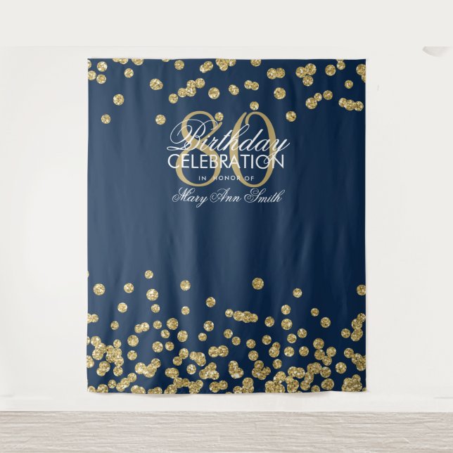 Backdrop 80th Birthday Gold Navy Confetti (Front)