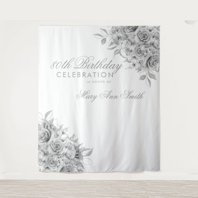Backdrop 80th Birthday Party Floral Silver & White (Front)