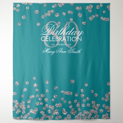 Backdrop 80th Birthday Silver Teal Confetti