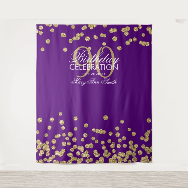 Backdrop 90th Birthday Gold Purple Confetti (Front)