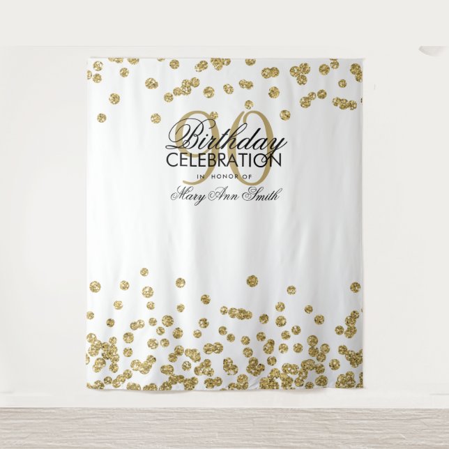 Backdrop 90th Birthday Gold White Confetti (Front)