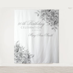 Backdrop 90th Birthday Party Floral Silver & White