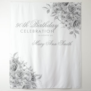Backdrop 90th Birthday Party Floral Silver & White