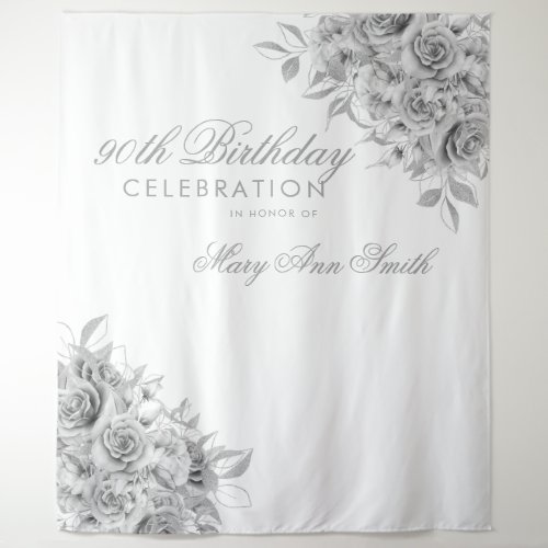 Backdrop 90th Birthday Party Floral Silver  White