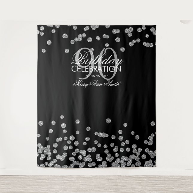 Backdrop 90th Birthday Silver Black Confetti (Front)